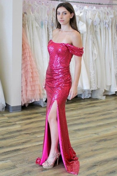 Pink Off-the-Shoulder Sequin Ruching Long Gown with Slit,PD230652