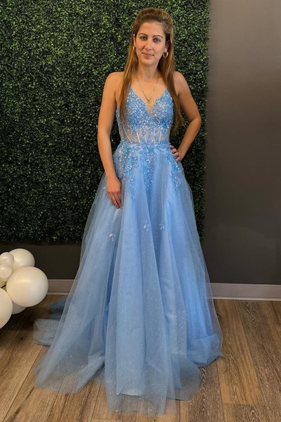 Blue Lace-Up Tulle Appliques Long Prom Dress,PD230654