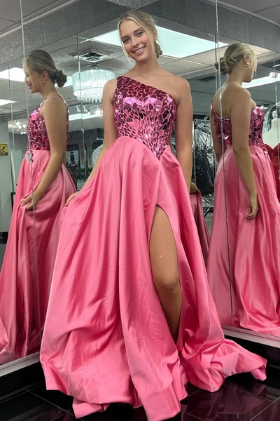 Hot Pink Mirror-Cut Sequins Top One Shoulder Long Prom Dress with Slit,PD230658