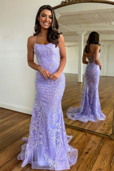 Gorgeous Scoop Neck Mermaid Lilac Sequin Lace Long Prom Dresses,PD230669