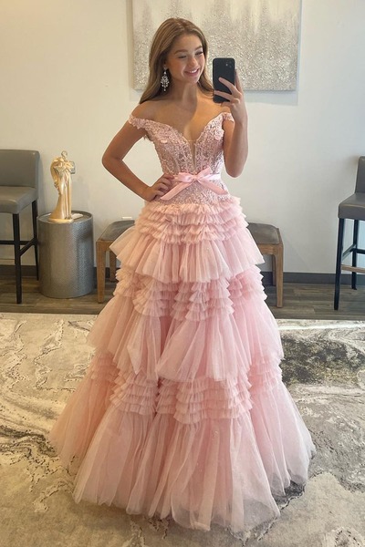 Princess Off the Shoulder Light Pink Tiered Ruffled Tulle A-Line Long Prom Dresses ,PD230670