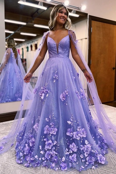 Lavender 3D Floral Lace A-Line Long Prom Dresses with Train ,PD230671