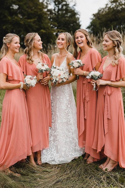Simple Coral Chiffon A-Line Long Bridesmaid Dresses ,PD230679
