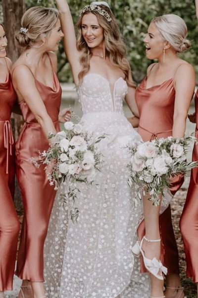 Bohemian Red Sheath Straps Rust Silk Satin Tea Lenght Bridesmaid Dresses,PD230686