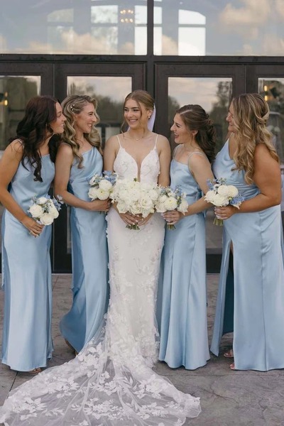 Simple Light Blue Sheath Straps Silk Satin Bridesmaid Dresses with Slit,PD230687