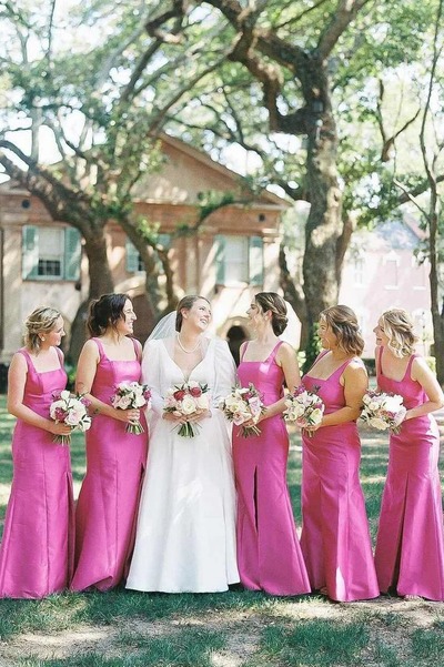 Elegant Sheath Fuchsia Satin Square Neck Bridesmaid Dresses with Bow,PD230689