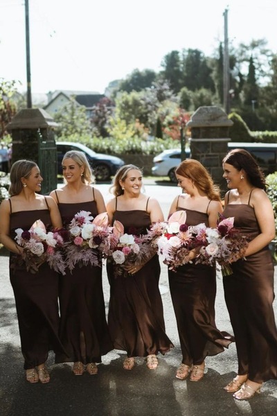 Simple Sheath Straps Silk Satin Ankle Length Bridesmaid Dresses,PD230691