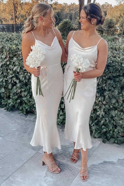 Simple Tea Length Sheath Cowl Neck Silk Satin Bridesmaid Dresses ,PD230695