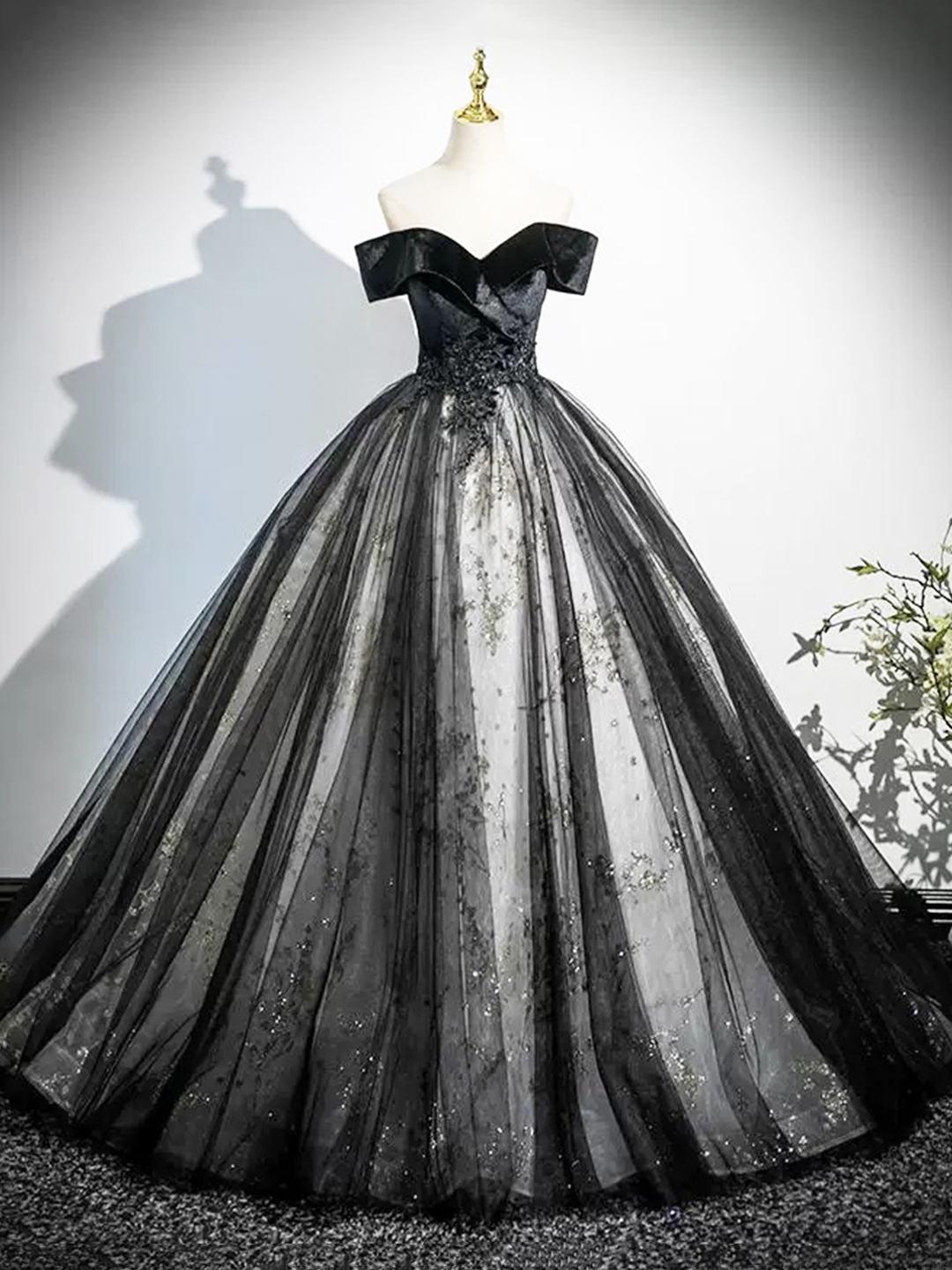 Black Velvet and Tulle Long Prom Dress, Off the Shoulder Evening Party Dress