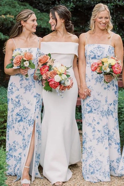 Simple Long Sheath Printed Porcelain Bridesmaid Dresses with Slit,PD230697