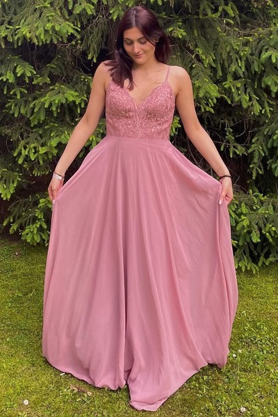 Fairy V Neck Chiffon Pink A Line Long Bridesmaid Dress with Lace,PD230698