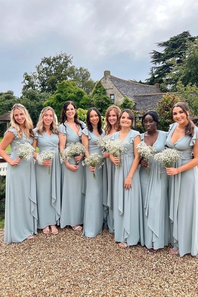 Simple Chiffon Slit A Line Bridesmaid Dress with Flared Sleeves,PD230699