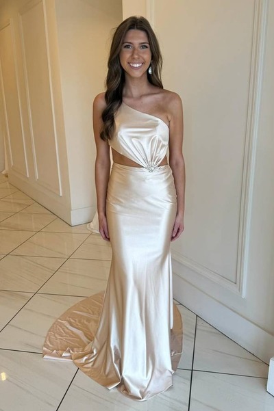 Mermaid Elegant Champagne One-Shoulder Silk Satin Bridesmaid Dresses Evening Dresses,PD230706