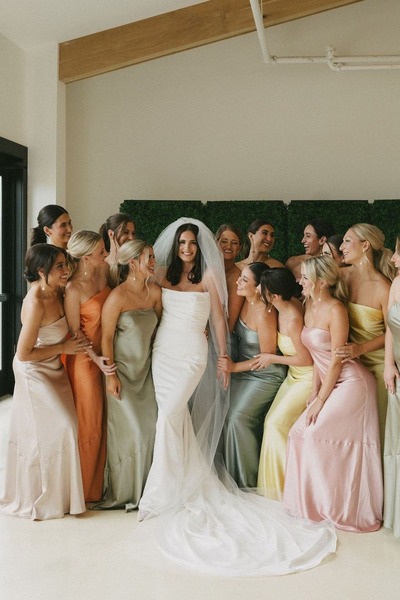 Romantic Strapless Sheath Colorful Silk Satin Long Bridesmaid Dresses,PD230708