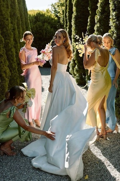 Romantic Sheath Silk Satin Boat Neck Long Bridesmaid Dresses,PD230709