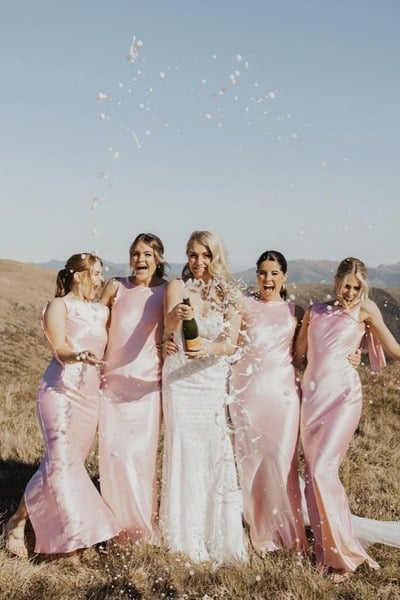 CutePink Satin Long Mermaid Bridesmaid Dresses with Bow ,PD230718