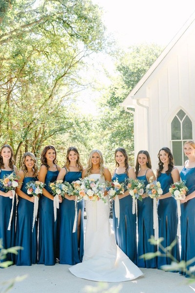 Simple Spaghetti Straps Blue Long Mermaid Bridesmaid Dresses with Bow Back,PD230719