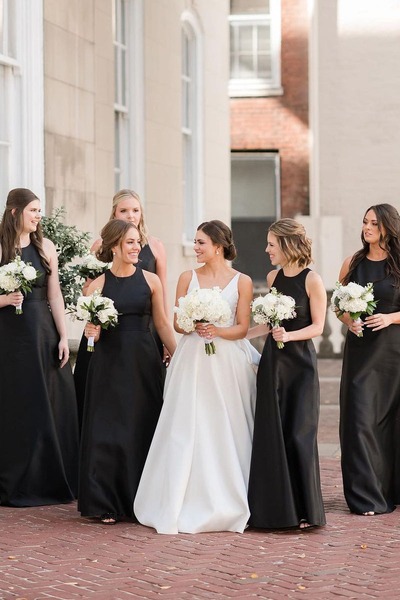 Simple Round Neck A-Line Black Satin Long Bridesmaid Dresses,PD230724