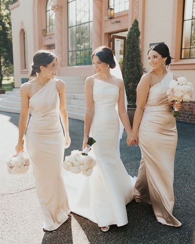 One Shoulder Champagne Satin Mermaid Bridesmaid Dresses,PD230737