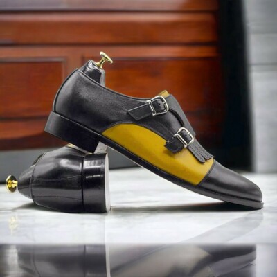 Handmade Men's Buckle Strap & Yellow Black Fringe Leather Shoe