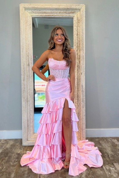 Charming Strapless Pink Satin Long Mermaid Prom Dresses with Appliques,PD230745