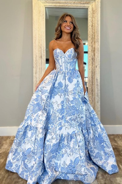 Cute Sweetheart Light Blue Jacquard Satin A Line Prom Dress,PD230748