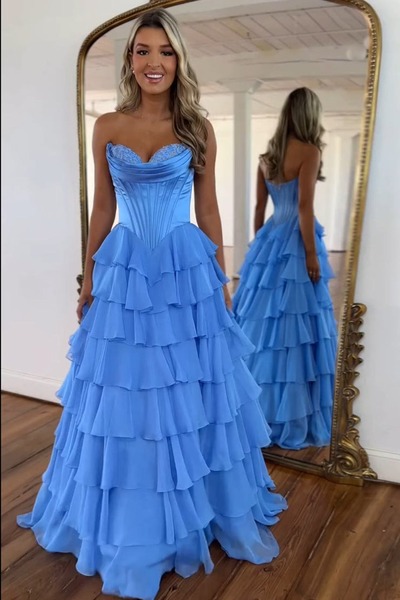 Cute Blue Princess Tiered Sweetheart A Line Long Prom Dresses,PD230749