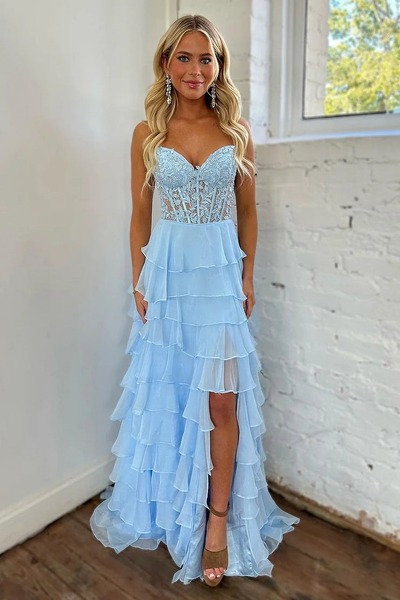 Cute Strapless Light Blue Ruffle Tiered Chiffon A-Line Long Prom Dress,PD230750