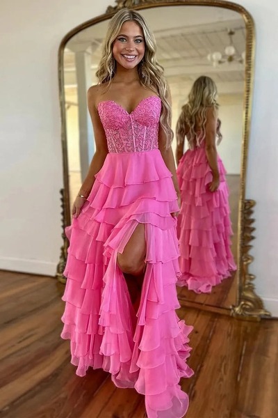 Cute Strapless Pink Ruffle Tiered Chiffon A-Line Long Prom Dress ,PD230755