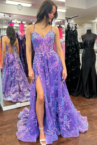 Cute V Neck A Line Purple Sequins Lace Tulle Prom Dress,PD230756