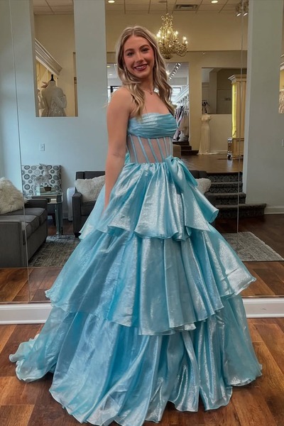 Cute Light Blue Ball Gown Strapless Organza Prom Dress with Bow,PD230762