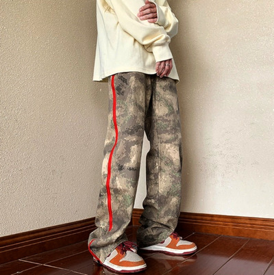 Stunning Punk Zippers Red Stripe Wide-leg Abstract Washed Pants Men Women Streetwear Rave Amazing