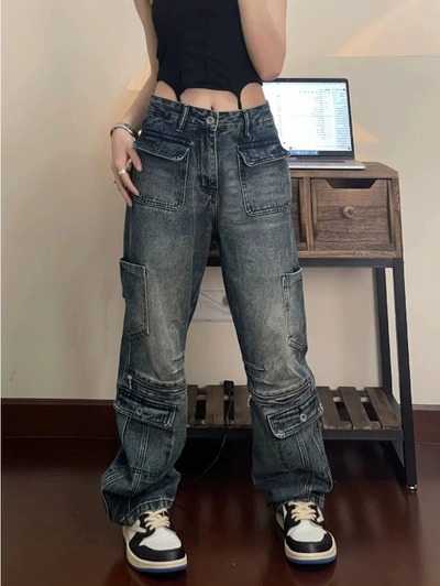 Stunning Punk Cargo Multiple Pockets Washed Pants Rock Rave Amazing