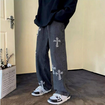 Stunning Punk Goth Cross Embroidery Patchwork Oversize Pants Streetwear Rave Amazing