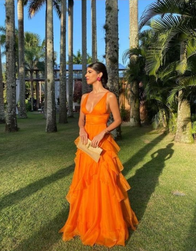 A Line Orange V Neck Floor Length Prom Dresses
