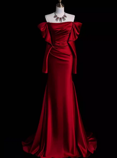 Off The Shoulder Burgundy Mermaid Satin Prom Dresses