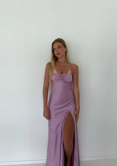 A Line Straps Lilac Slit Long Prom Dresses
