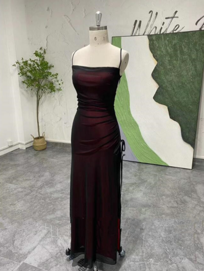 Vintage Black Red Formal Evening Party Dress With Split Side