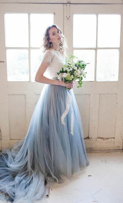 Two Pieces White Lace Blue Gray Tulle Boho Wedding Dress