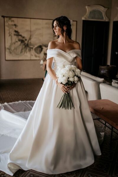 Off-the-shoulder White Satin Wedding Dress