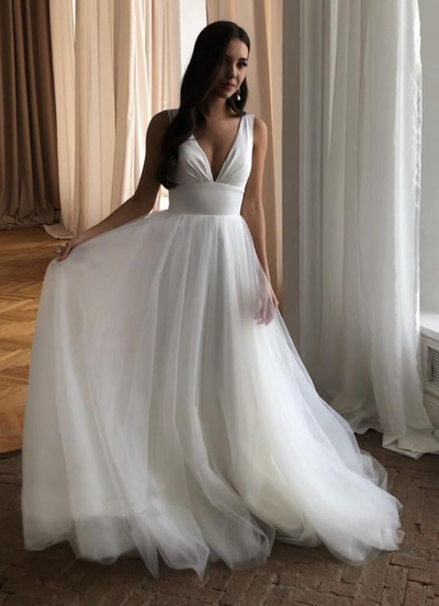 White V-Neck Boho Wedding Dresses, Beach Bridal Gowns