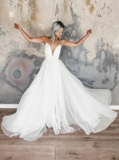 V-Neck Spaghetti Silky Organza Boho Wedding Dress
