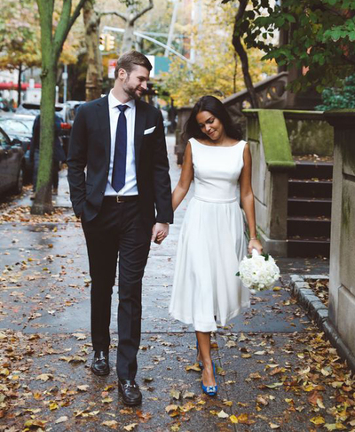 White Satin and Chiffon Tea-Length Wedding Dress