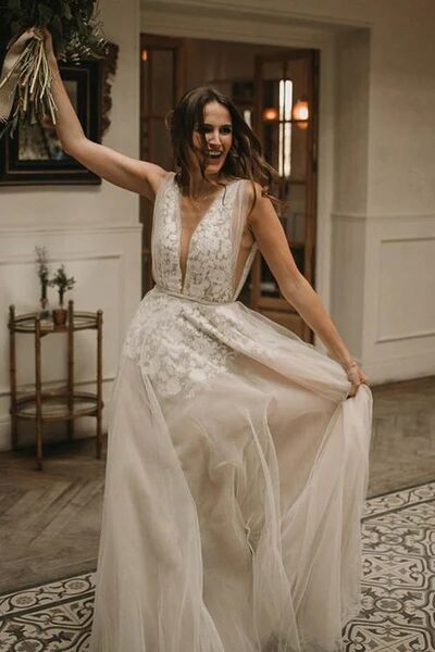 A-line V-Neck Floor Length Boho Wedding Dress