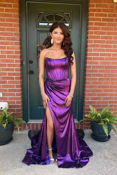Charming Scoop Neck Purple Long Mermaid Prom Dresses with Slit,PD230765