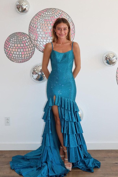 Charming Scoop Neck Teal Satin Beading Mermaid Prom Dresses ,PD230766