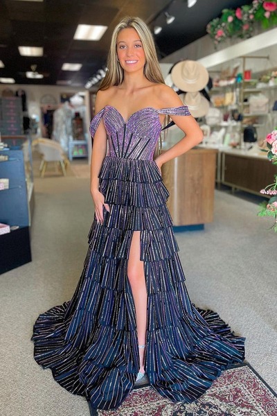 Cute Off the Shoulder A Line Black Satin Pink Beading Tiered Prom Dresses,PD230767