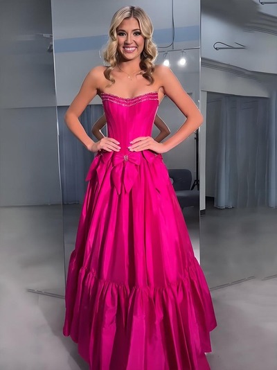 Cute Ball Gown Taffeta Pink Scoop Neck Long Prom Dresses with Bow,PD230773