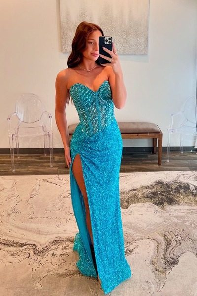 Charming Sweetheart Blue Sequins Long Mermaid Prom Dress with Beading,PD230775