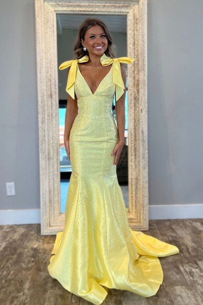Chamring V Neck Daffodial Satin Long Mermaid Prom Dresses with Beading ,PD230777